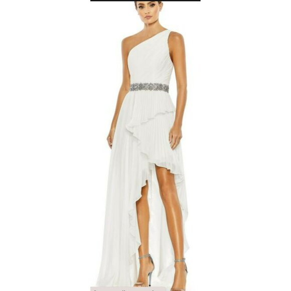 Mac Duggal White One-Shoulder Pleated Embellished Formal Gown Dress Sz 2 NWT - Picture 1 of 12